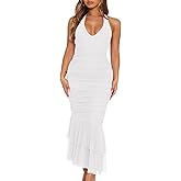HOT ROEE Women's Sexy V Neck Tie Halter Mesh Ruffle Hem Ruched Bodycon Cocktail Party Maxi Dresses