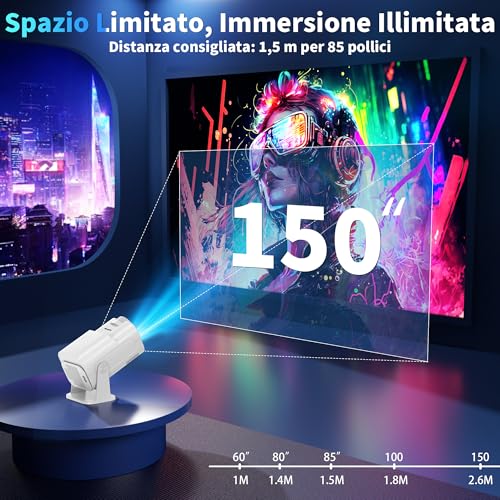 [Integrated App & 2026 Upgraded] 1080P 4K Projector with WiFi 6 Bluetooth 5.2 Mini Portable Projector Supports 270° Rotatable Car Keystone Projector TV Stick/USB/HDMI/PC with HDMI Cable & Mouse,White