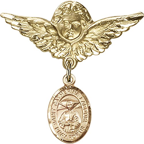 Gold Filled Baby Badge with St. Catherine Laboure Charm and Angel w/Wings Badge Pin 1 1/8 X 1 1/8 inches