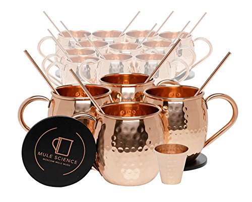 Set of 16 Pure Copper Moscow Mule Mugs by Mule Science with BONUS: Highest Quality Cocktail Copper 16 Straws, 2 Shot glasses and 16 coasters