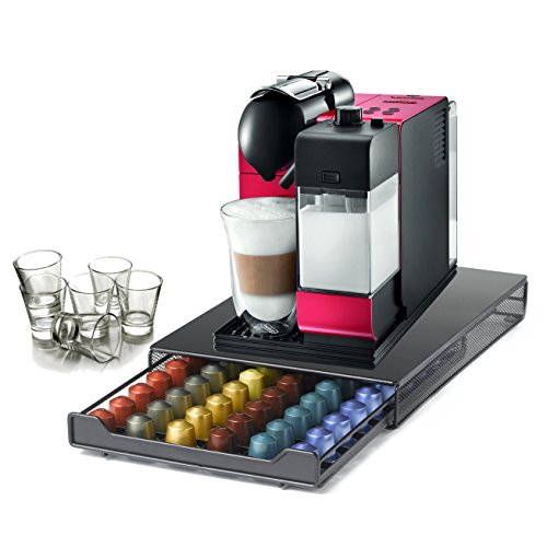 Click Here to See More Images DeLonghi Lattissima Plus Red Capsule Espresso and Cappuccino Machine with 60 Capsule Storage Drawer and Free Set of 6 Italian Espresso Shot Glasses