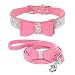 Beirui Rhinestone Bling Leather Dog Collar & Leash Set - Soft Flocking Sparkly Crystal Diamonds Studded - Cute Double Bowknot - Perfect 4 Foot for Pet Show Neck for 6-8"