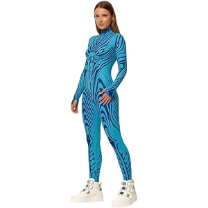 LUMAGE Women Aquatic Tribal Printed Catsuit Cyber Futuristic Full Body Bodysuit High Neck Jumpsuit with Hidden Front Zipper