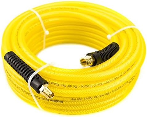 Maxaline Air Hose,1/4in. x 50ft,Hybrid Rubber Polymer & PU,Non-Kinking, 300 PSI with 1/4inch MNPT Fittings Air Compressor Hose(Yellow)