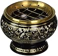 India Small Decorated Brass Charcoal Screen Incense Burner with Wooden Coaster