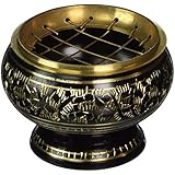 India Small Decorated Brass Charcoal Screen Incense Burner with Wooden Coaster