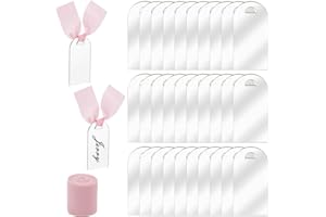 ORIGACH 30 Pcs Mirror Silver Acrylic Place Cards 3.54x1.77inch, DIY Blank Hanging Tags with Pink Ribbons for Wedding Birthday