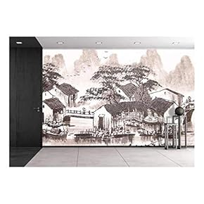 Chinese Drawing Water Town - Removable Wall Mural | Self-Adhesive Large Wallpaper - 66x96 inches