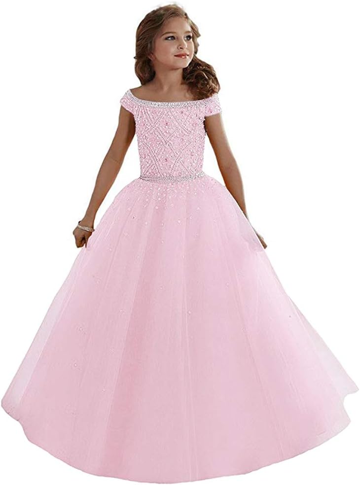 Little Girls Princess Birthday Party Ball Gowns Cute Puffy Beaded Kids Quinceanera Pageant Dress 054