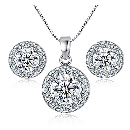 White Gold Halo CZ Box Chain Necklace+Stud Earrings Set