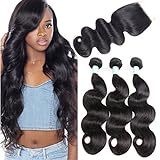 SIJIMEI Brazilian Body Wave With Closure 100% Unprocessed Virgin Human Hair Natural Color Weave Brazilian Virgin Hair Extensions 3 Bundles Body Wave And 4x4 Lace Closure(12 14 16+10 Closure,Free Part)