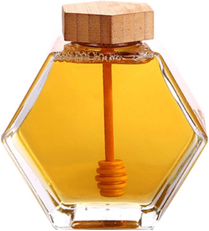 Hemoton Honey Pot Empty Glass Honey Jar with Wooden Dipper and Cork Lid