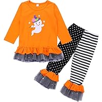 EULLA Toddler Girls Halloween Outfits Ghost Legging Sets Long Sleeve T-Shirt Tops +Pants Orange