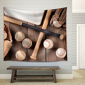 Baseball Equipment on a Rustic Wood Surface. Items Include, Baseballs, Bats, Home Plate - Fabric Wall Tapestry Home Decor - 51x60 inches