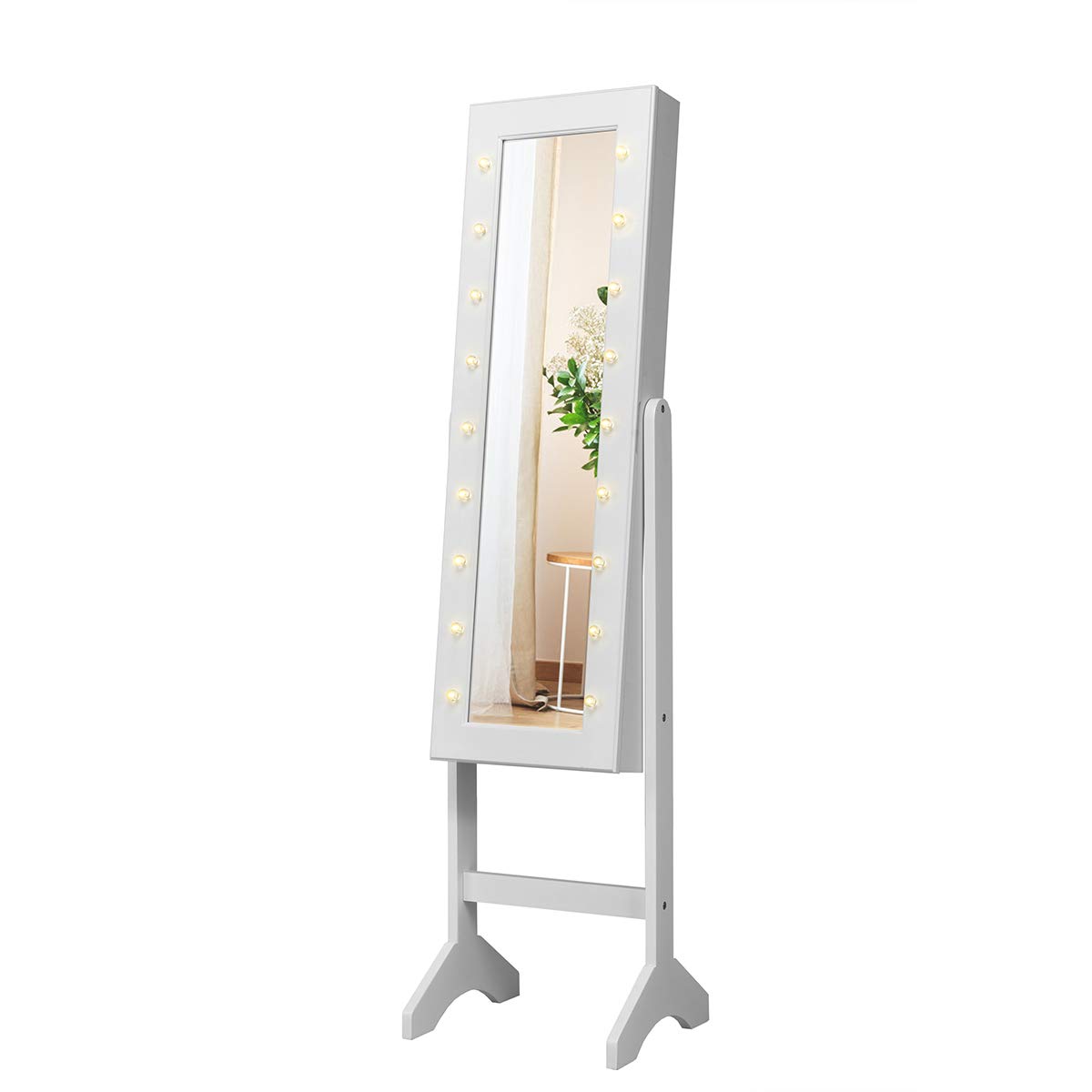 Giantex Giantex Standing Jewelry Armoire with 18 LED Lights Around the Door, Large Storage Mirrored Jewelry Cabinet with Full Length Mirror, 16 Lipstick Holders, 1 Inside Makeup Mirror (White)