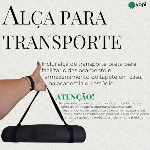 Tapete de Yoga, Preto, TPE Ecológico, 183 x 61 x 0,6 cm, Texturizado, Impermeável, Resistente ao Suor, com Alça de Transporte, Grande, 6mm de espessura, Ioga, Pilates, Yopi