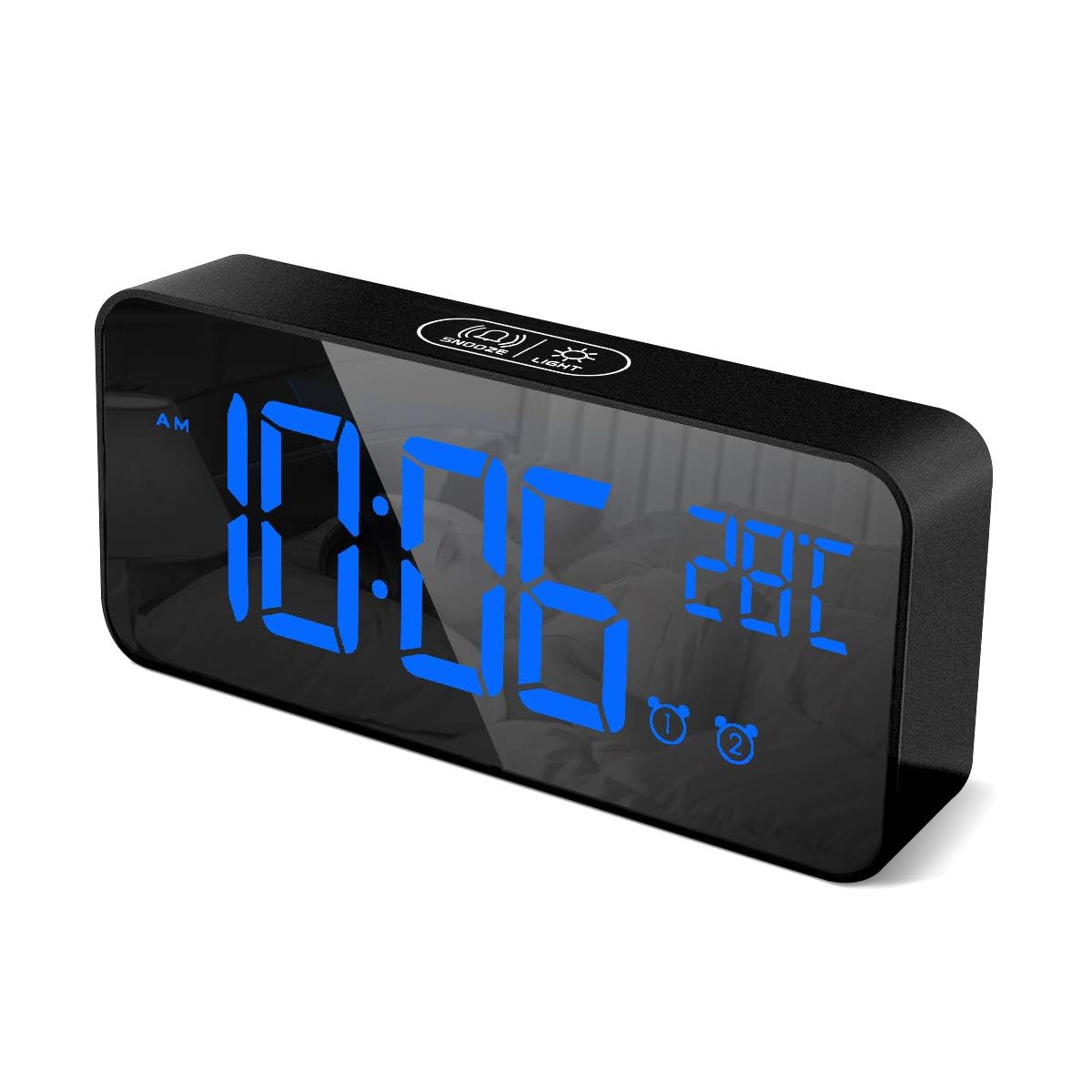 HOMVILLA Digital Alarm Clock with Big LED Temperature Display, Portable Mirror Alarm with Dual Alarm Snooze Time 4 Levels Adjustable Brightness Dimmer 10 Music USB Charging Port for Bedside, Bedroom