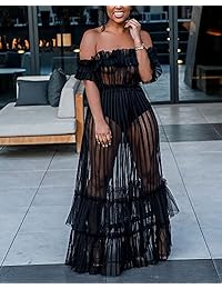 Maxi vestido de malla acampanada con hombros descubiertos con encaje sexy para dama, tallas S-XXXL