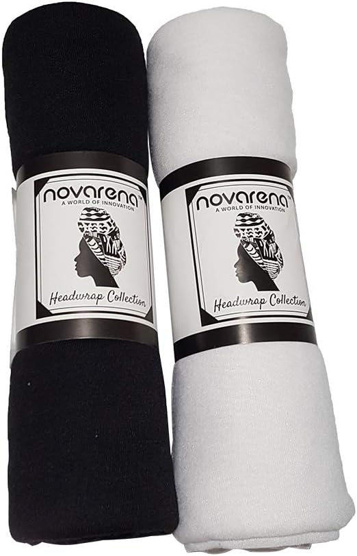 30 Colors| Novarena 1-4 Pc Solid Color Head Wrap Stretch Long Hair Scarf Turban Tie Kente African Hat Jersey Knit Headwrap (2 Pcs Black and White)