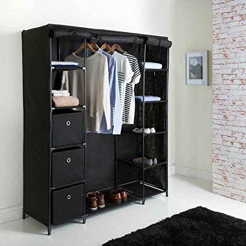 Salerno Triple Large Canvas Clothes Wardrobe Cupboard Cabinet Home Storage Black