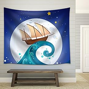 Illustration of a Wooden Boat Above The High Wave - Fabric Wall Tapestry Home Decor - 51x60 inches