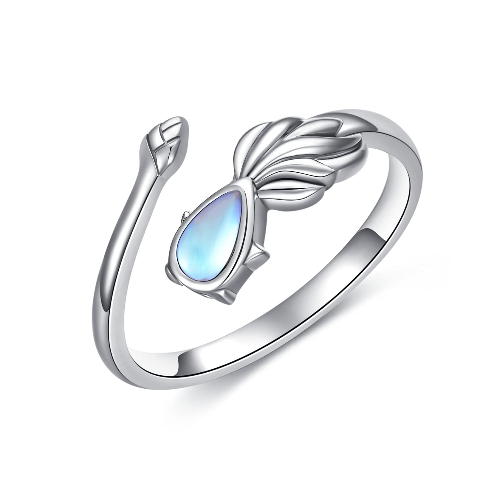 MUUYON Moonstone Rings Sterling Silver Fish Rings Open Adjustable Rings Moonstone Jewellery Gifts Rings for Women Girls