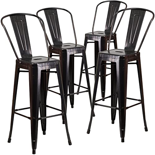 Flash Furniture Juego de 4 sillas comerciales, 76 cm, de metal, respaldo alto, interiores y exteriores, plástico, acero galvanizado, negro antiguo y dorado