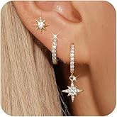 Angelady 14K Gold Plated Earring Sets for Women, Dainty Sun Star Stud Earrings for Multiple Piercing, Trendy Hypoallergenic Huggie Hoop Earrings, Cartilage Dangle Earring Stacks Jewelry Gifts