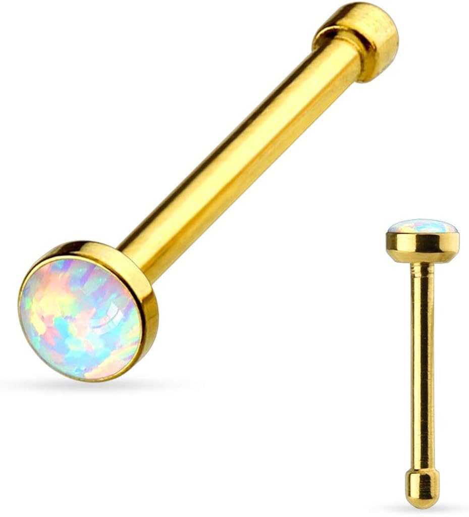 PiercedOff Gold Tone IP over 316L Surgical Steel Nose Bone Stud with Flat White Synthetic Opal Head
