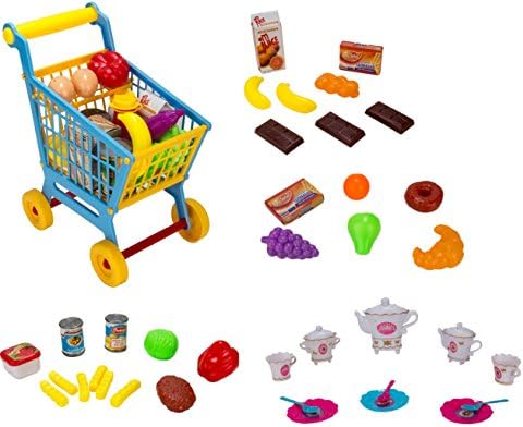 Colorful Pretend Play 4 in 1 Kid Shopping Cart + Grocery + Assorted Desert and Fast Food + Lunch Break Princess Tea Set Gift