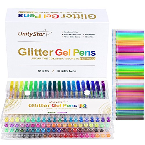 Gel Pens Glitter, UnityStar 160 Gel Pen Set with 80 Sparkly Glitter Colors & 80 Ink Refills for Kids Adult Coloring Book Drawing Doodling Writing Highlighting