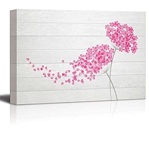 Illustration of Pink Flowers Being Blown Away Over White Wooden Panels - Canvas Art Home Art - 12x18 inches