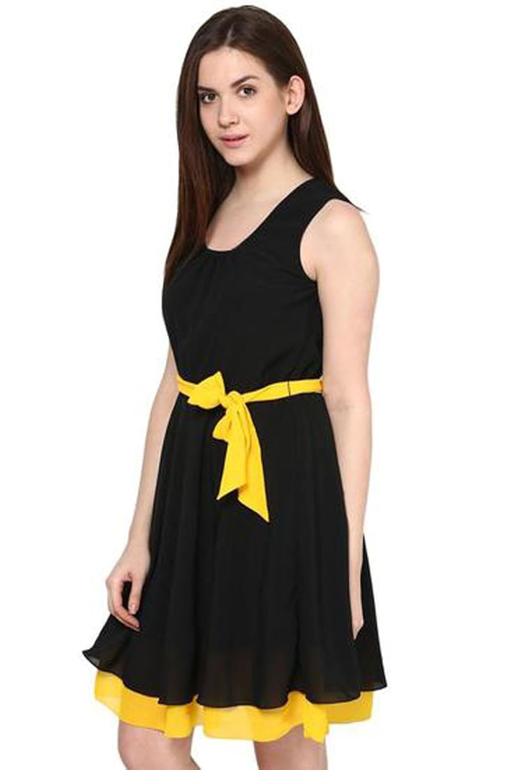 binny creation women's georgette black yellow western dress (tunic)