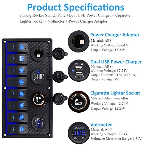 WUPP Boat Rocker Switch Panel Waterproof 8 Gang ON-Off Toggle Switches with Digital Voltage Display 3.1A Double USB Power Charger Adapter 12V Cigarette Lighter Socket for Marine Car Truck Jeep Yacht - Thumbnail 2
