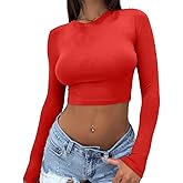 Dwnval Women's Long Sleeve Crop Tops Y2K Crewneck Cute Sexy Slim fit Cropped T Shirts