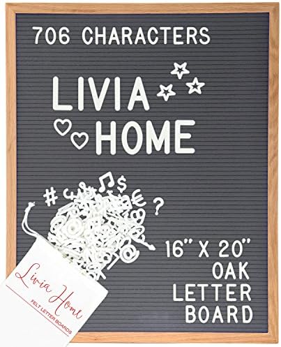 Letter Board – Gray Felt Sign with 706 1” and 2” White Plastic Changeable Characters – Large Wooden 16 x 20 inch Solid Oak Frame – With 7x5 inch Canvas Bag - Vintage Display by Livia Home