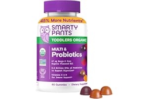SmartyPants Organic Toddler Multivitamin Gummies: Probiotics, Omega 3 (ALA), Vitamin D3, C, Vitamin B12, B6, A, K & Zinc, Beta Carotene, Gluten Free, Three Fruit Flavors, 60 Count (30 Day Supply)