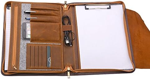 Wool Felt Crazy Horse Leather Organizer Portfolio for A4 Notepad and Tablet Device（up to 12.9 inch iPad Pro),Brown
