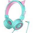 SIMJAR Cat Ear Kids Headphones for School, Wired Girls Foldable Headphones with Adjustable Headband, 3.5 MM Jack for Online Learning/Travel/Tablet/iPad/Computer, Green