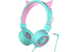 SIMJAR Cat Ear Kids Headphones for School, Wired Girls Foldable Headphones with Adjustable Headband, 3.5 MM Jack for Online Learning/Travel/Tablet/iPad/Computer, Green