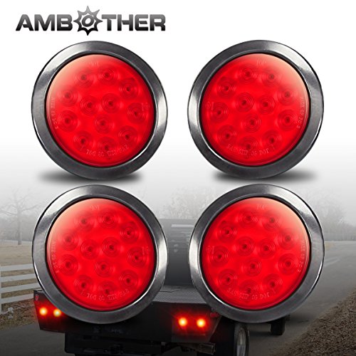 AMBOTHER 4'' Round 12-LED Truck Trailer Brake Stop Turn Marker Tail Light Flush Mount Back-Up Low Profile Light, Waterproof Tight Sealed Grommet Plug for RV Boat Truck Trailer Red DC 12V (Pack of 4)