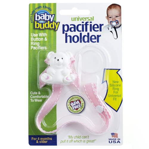 Baby Buddy Universal Pacifier Holder, Pink with White Stitch