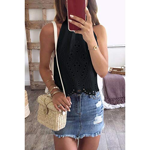 Womens Lace Crochet Sleeveless Tops Sexy Halter Hollow Out Crop Tank Top Blouse Cami Vest Black