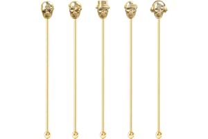 Mewuthede Skull Shape Swizzle Sticks, Reusable Stainless Steel Coffee Beverage Stirrers Cocktail, 5-Pack Drink Stir Sticks for Bar Party Home Office (Gold)