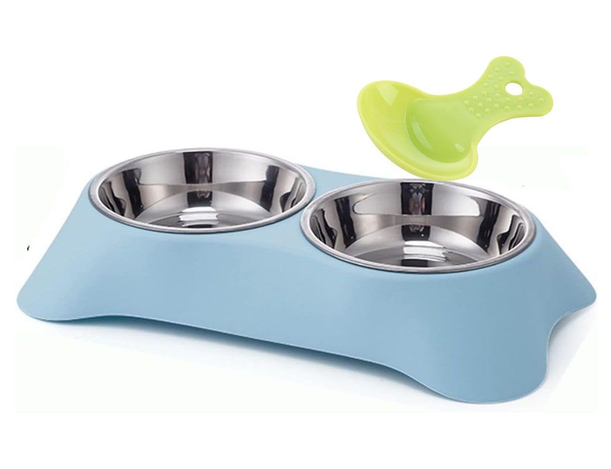 Double Dog Bowl,Non Slip Non-spill Stainless Steel Double Bowl with 1 Pet Food Spoop For Small Dogs and Cats (M, Blue)