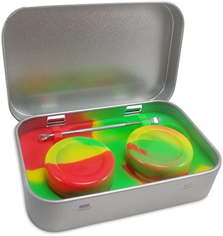 DAB Wax discrete Tin, 2-5ml Silicone Dab Container Jars, Stainless Steel Wax Dabber - FREE extra dabbing tool and carrying case (Yellow Red Green)