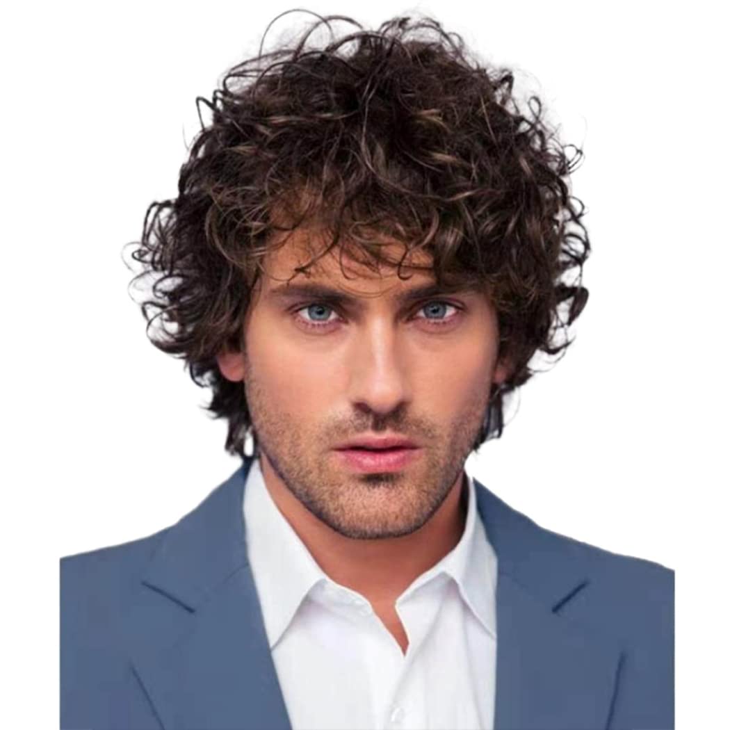 AIYLMZ Brown Curly Men Synthetic Wig with Bangs Hair Toupee for Men Natural Stylish Fluffy Layered Curled Wigs Men's Hairpieces for Cosplay Halloween Costume Party (Brown A)