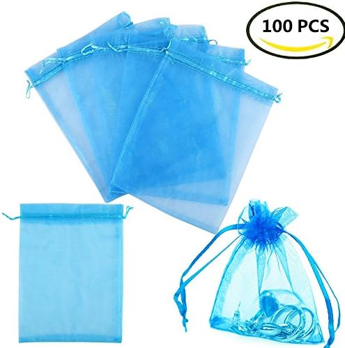 Sheer Organza Bags,Smozer 100pcs 4x6 inch Sheer Organza Wedding Party Favor Gift Jewelry Beads Candy Pouch Bag (Blue)