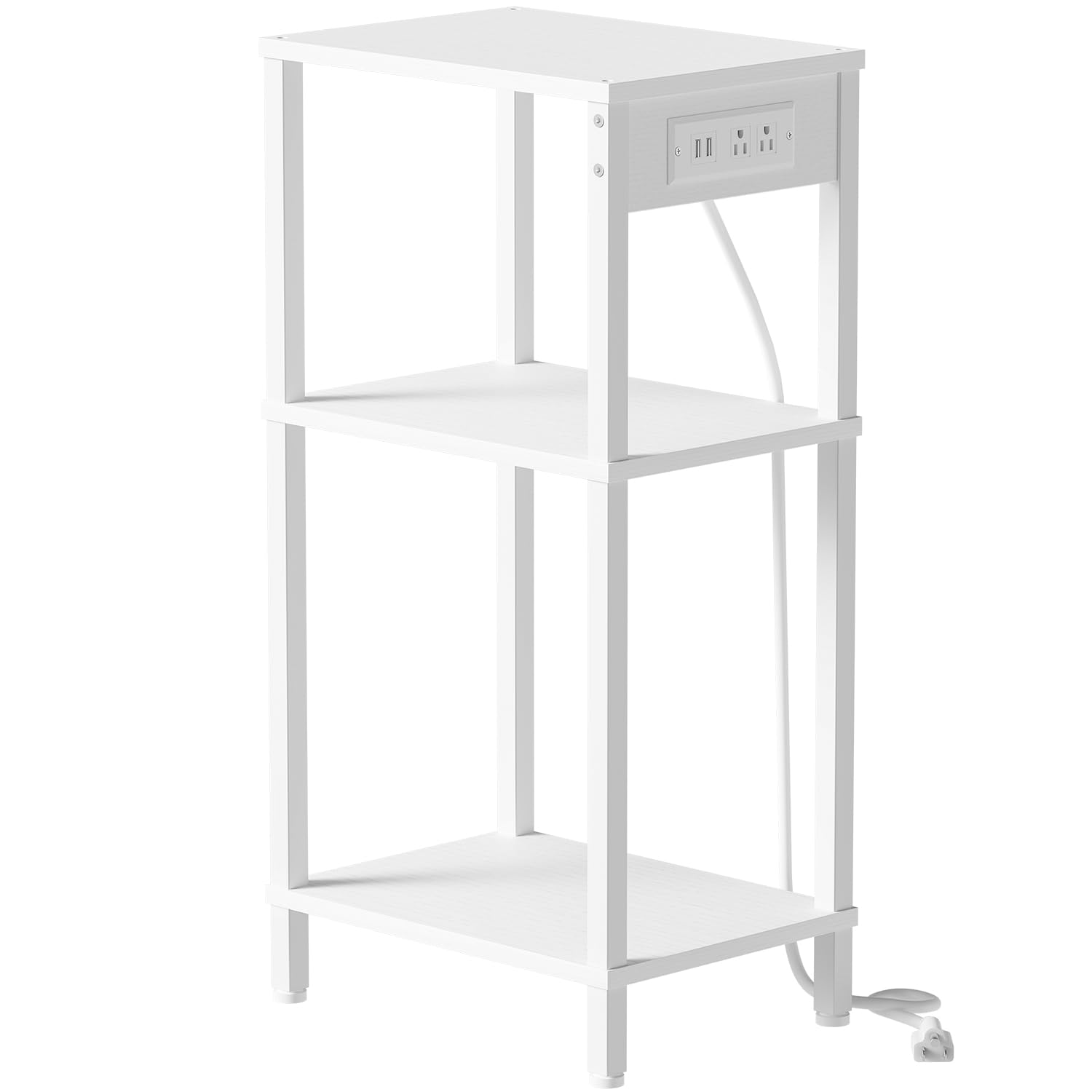Photo 1 of Creso hom Tall End Table with Charging Station and USB Ports, 3 Tier Narrow Tall Bedside Table with Storage, Slim Nightstand with Outlets for Bedroom, Living Room, Nursery, Office, White