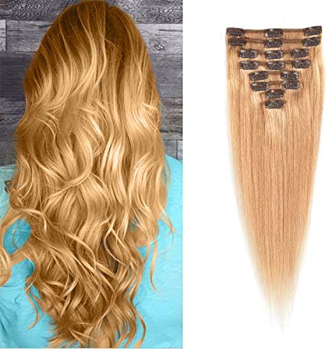 18 Inch Human Hair Extensions Clip In,Human Hair Extensions Dark Blonde,16"-22" Inches 8PCS 70g-85g By Winky Wiggery (18"-75g, 27 Dark Blonde)